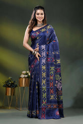 Navy blue silk saree with butterfly design multicolor kantha embroidery 1