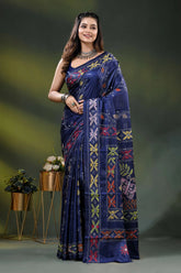 Navy blue silk saree with butterfly design multicolor kantha embroidery 6