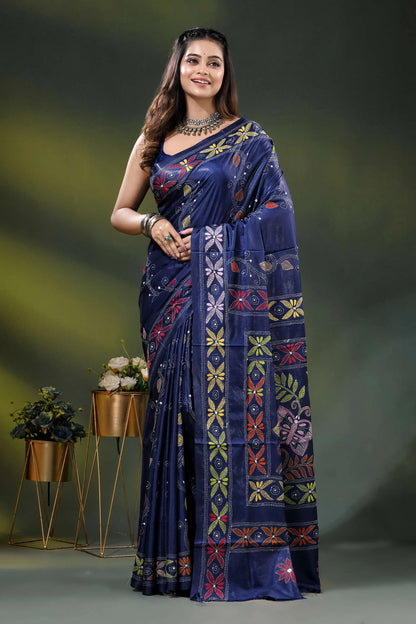 Navy blue silk saree with butterfly design multicolor kantha embroidery 6