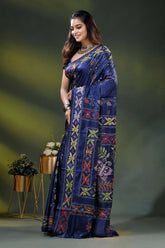 Navy blue silk saree with butterfly design multicolor kantha embroidery 3
