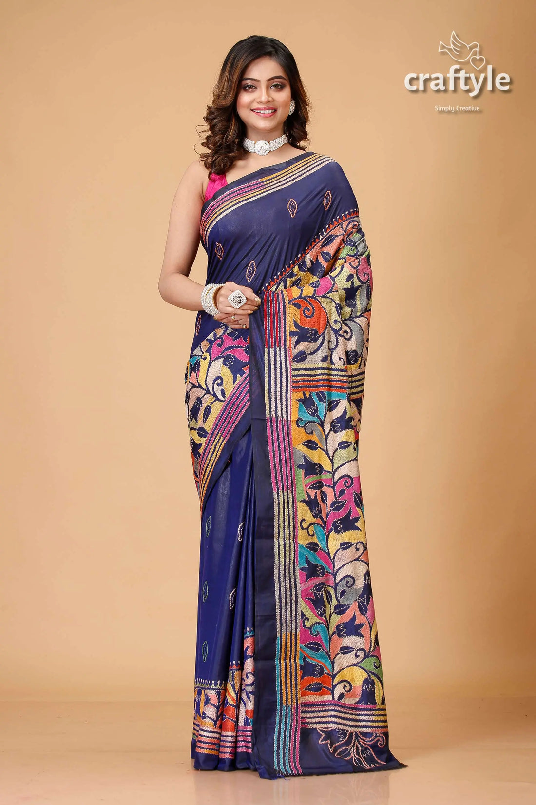 Navy blue tulip motif kantha silk sari - reverse stitch blue saree colorful floral patterns 1