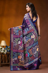 Navy peacock motif multicolor handmade silk kantha stitch saree vibrant purple saree adorned intricate 5