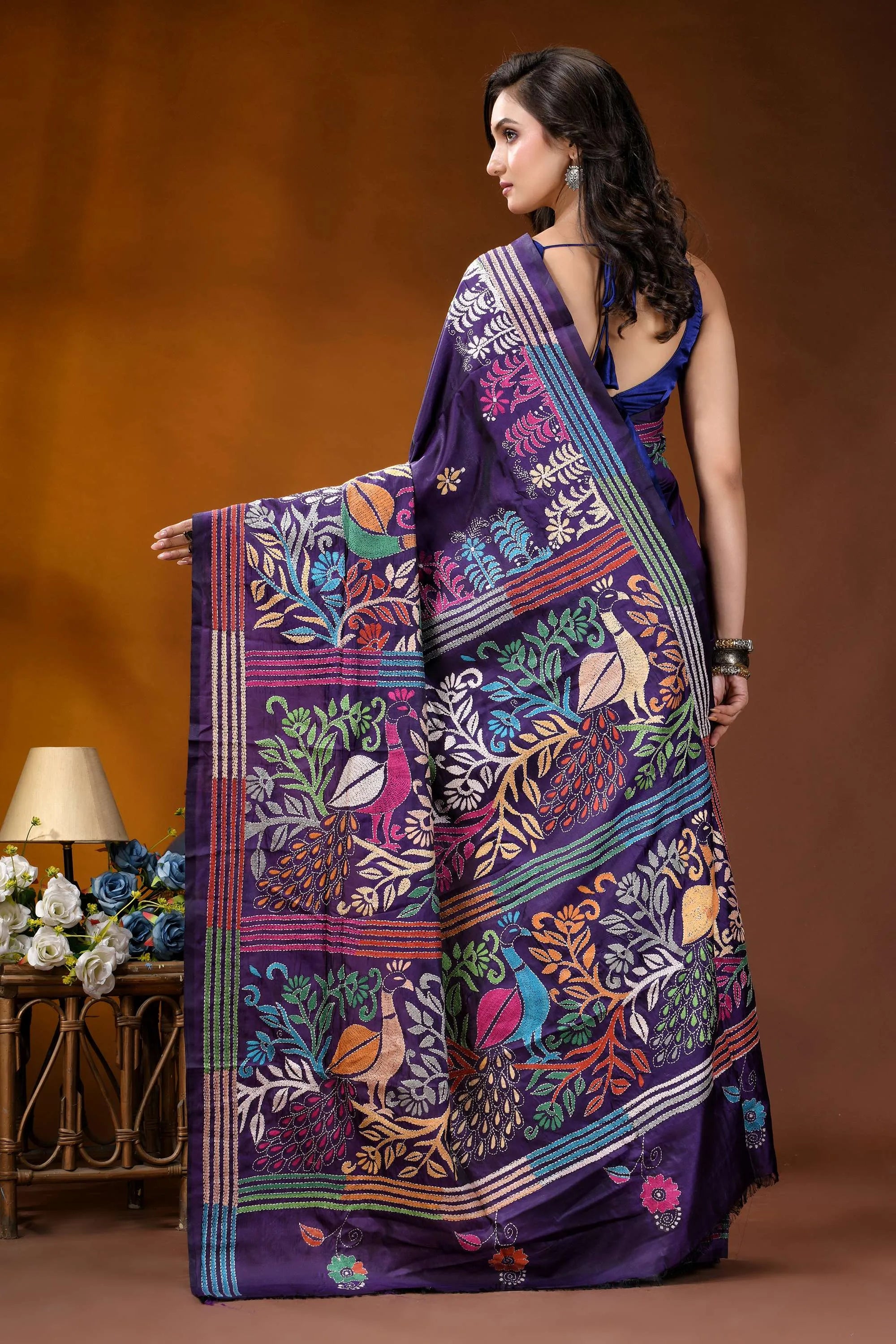 Navy peacock motif multicolor handmade silk kantha stitch saree vibrant purple saree adorned intricate 5
