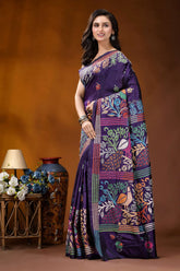 Navy peacock motif multicolor handmade silk kantha stitch saree richly embroidered purple silk saree 3