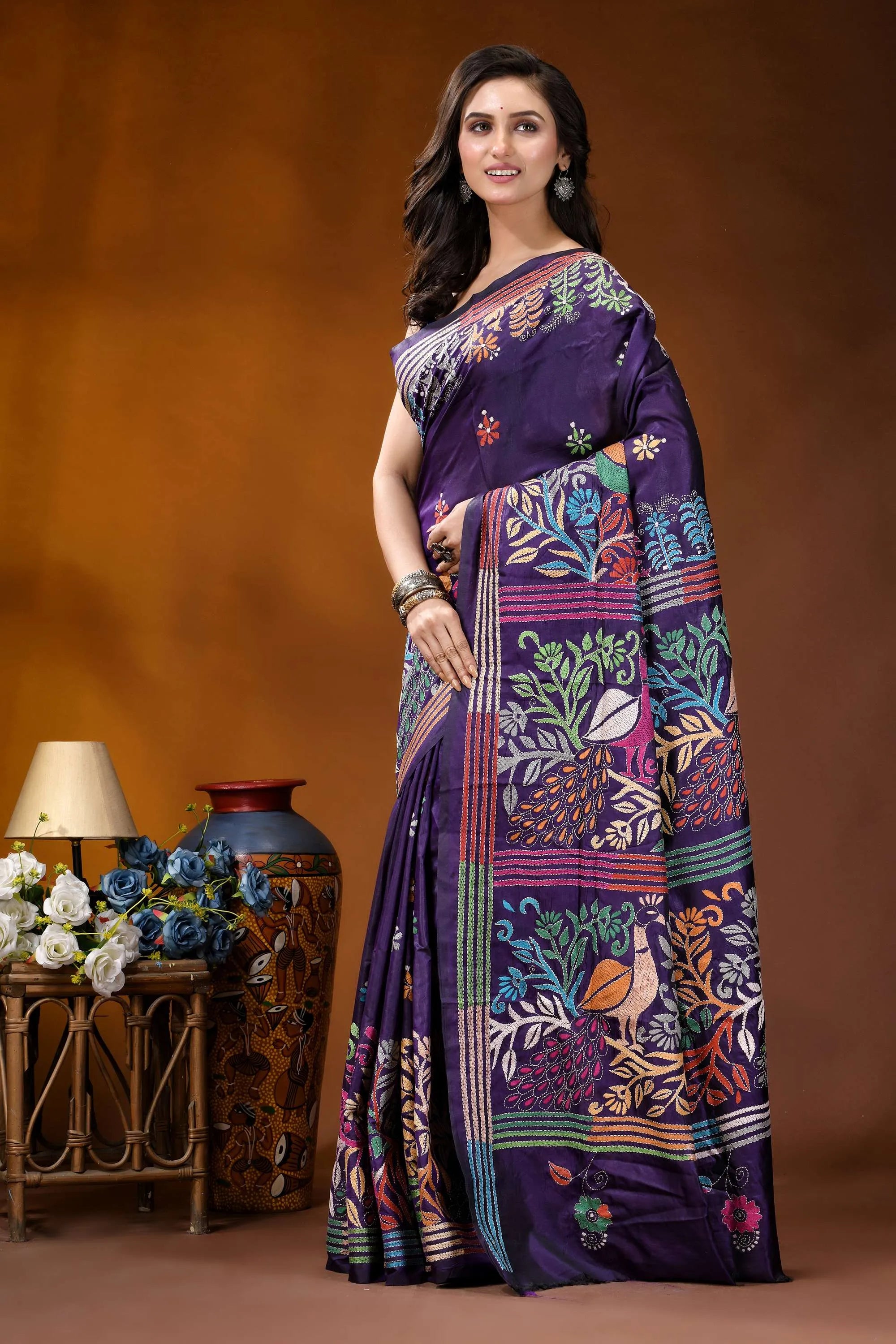 Navy peacock motif multicolor handmade silk kantha stitch saree richly embroidered purple silk saree 3