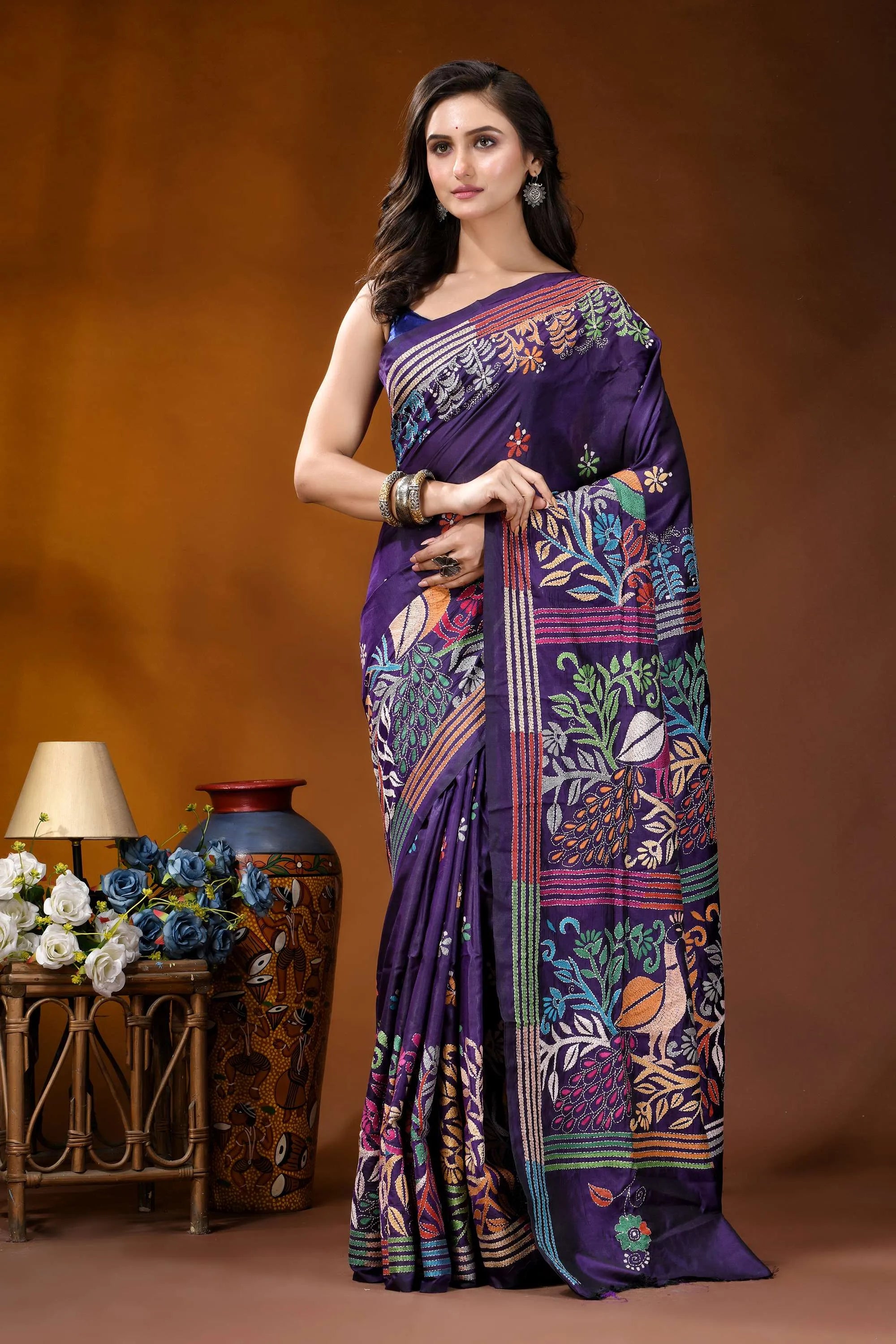 Navy peacock motif multicolor handmade silk kantha stitch saree richly embroidered purple saree intricate 6