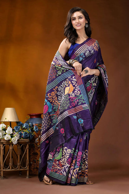 Navy peacock motif multicolor handmade silk kantha stitch saree vibrant purple silk saree adorned 4