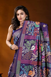 Navy peacock motif multicolor handmade silk kantha stitch saree vibrant purple saree adorned intricate 2