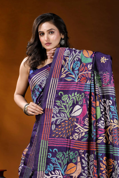 Navy peacock motif multicolor handmade silk kantha stitch saree vibrant purple saree adorned intricate 2