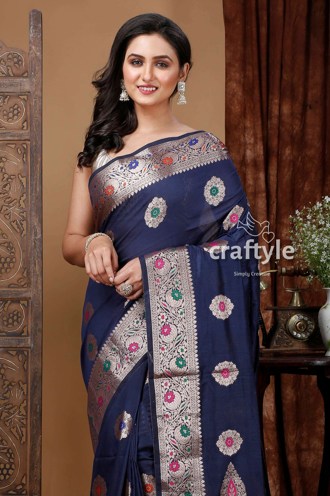 Night Blue Mangalgiri Silk Saree with Zari Work Luxurious and Elegant - Craftyle