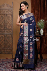 Night Blue Mangalgiri Silk Saree with Zari Work Luxurious and Elegant - Craftyle