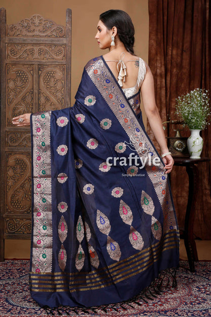 Night Blue Mangalgiri Silk Saree with Zari Work Luxurious and Elegant - Craftyle