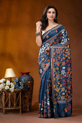 Nile blue bird theme handcrafted kantha embroidery silk saree navy blue silk saree adorned 6