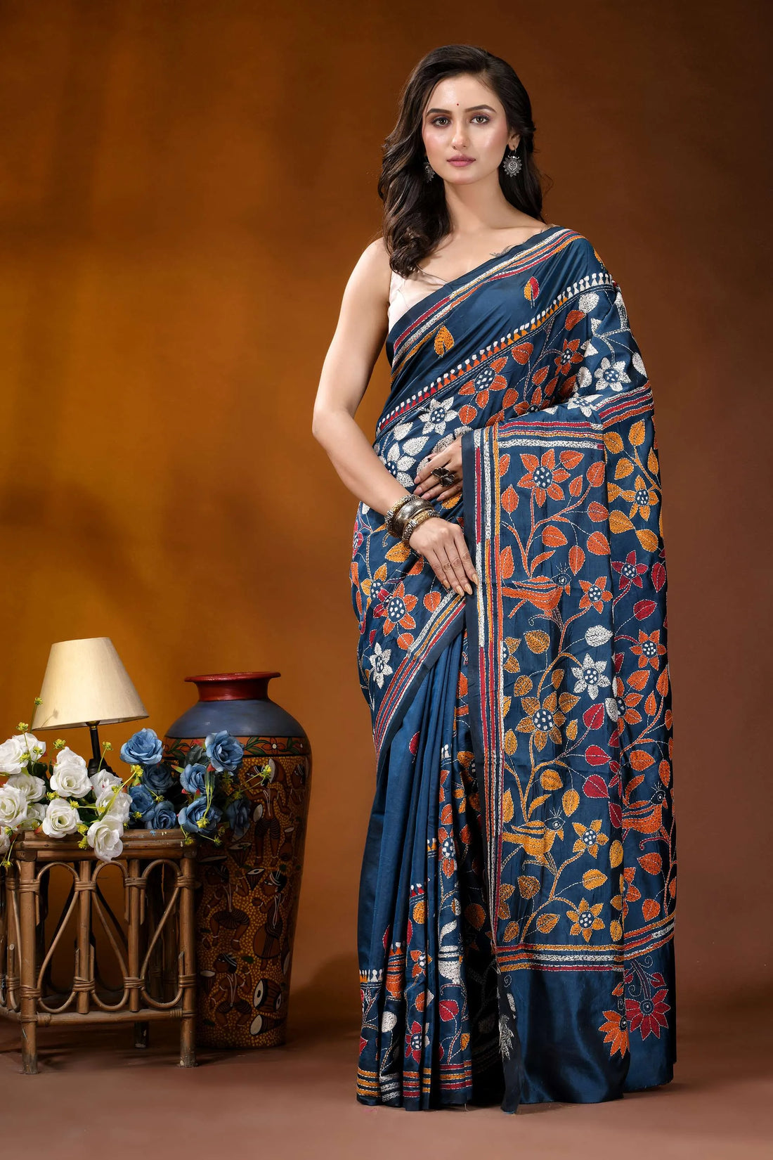 Nile blue bird theme handcrafted kantha embroidery silk saree navy blue saree adorned intricate 1