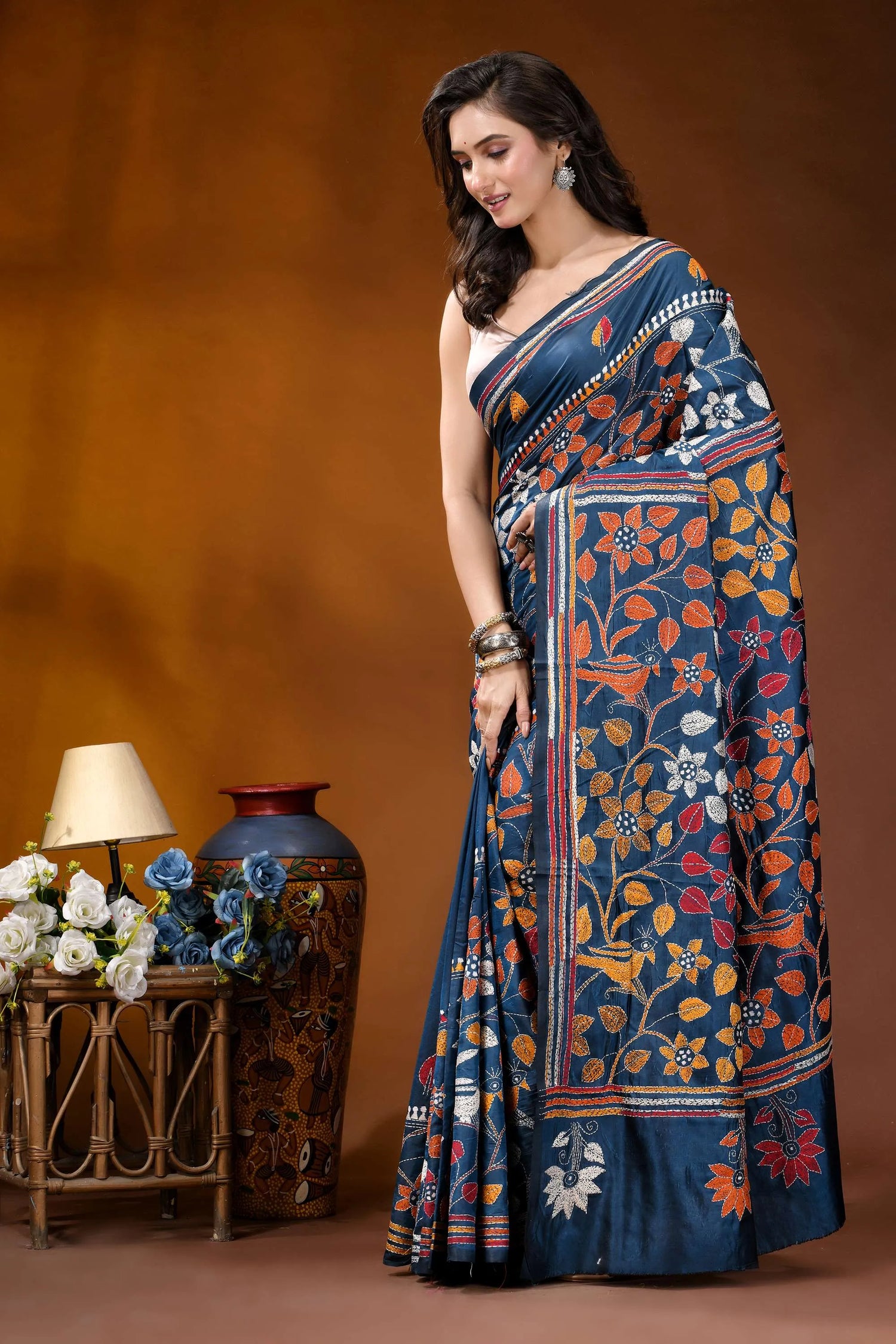 Nile blue bird theme handcrafted kantha embroidery silk saree navy blue saree intricate floral 3