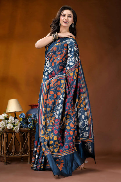 Nile blue bird theme handcrafted kantha embroidery silk saree navy blue silk saree adorned 4