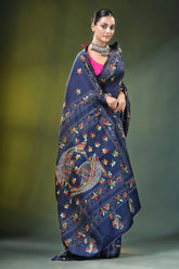 Nile blue multithread fish motif handcrafted kantha silk saree navy intricate floral 5