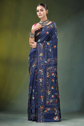 Nile blue multithread fish motif handcrafted kantha silk saree navy adorned intricate 2