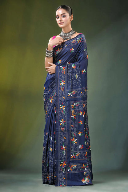 Nile blue multithread fish motif handcrafted kantha silk saree navy adorned intricate 2