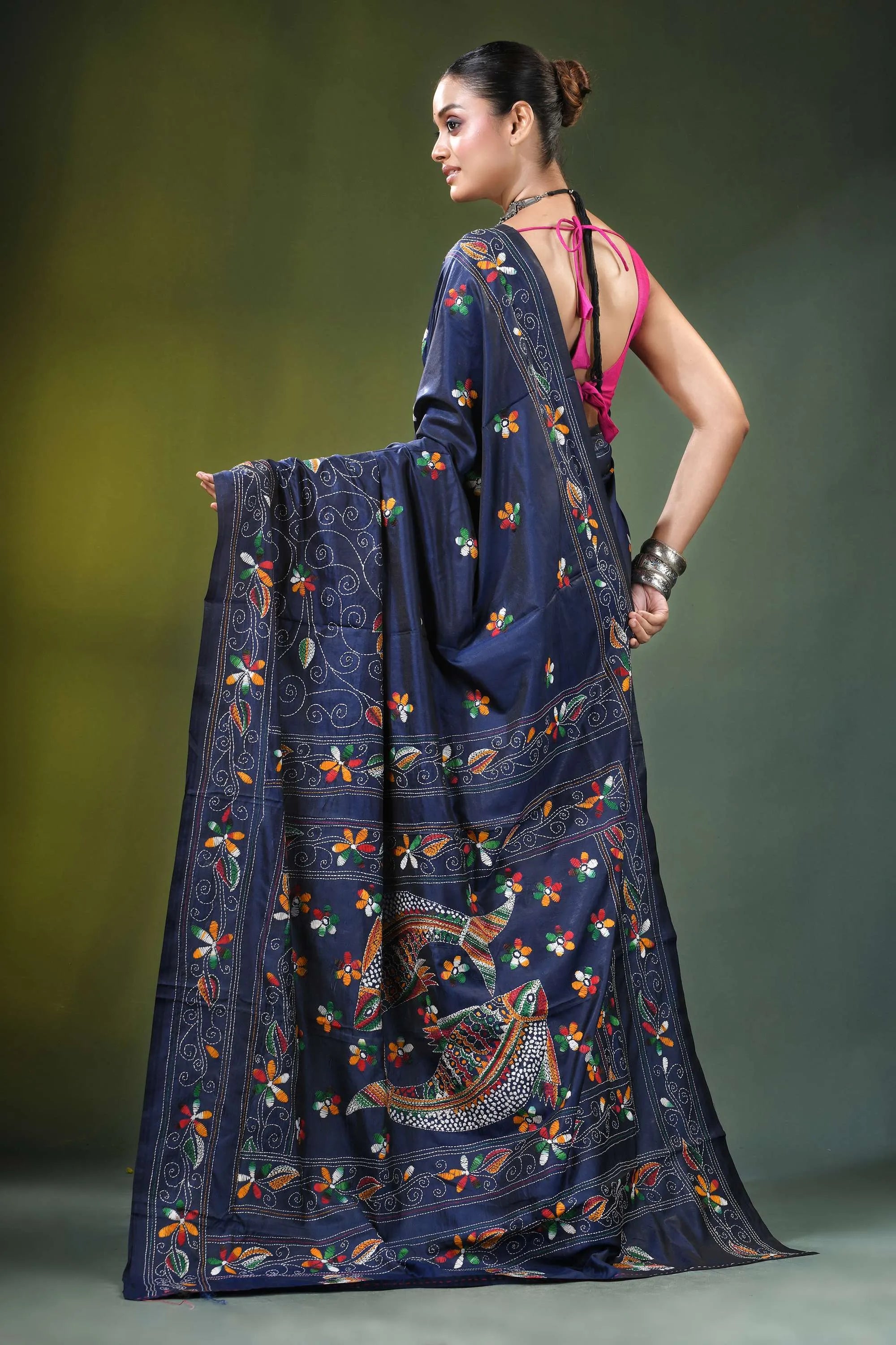 Nile blue multithread fish motif handcrafted kantha silk saree navy adorned intricate 4