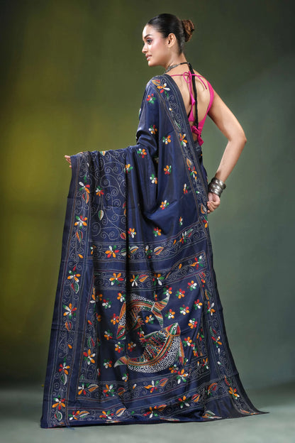 Nile blue multithread fish motif handcrafted kantha silk saree navy adorned intricate 4