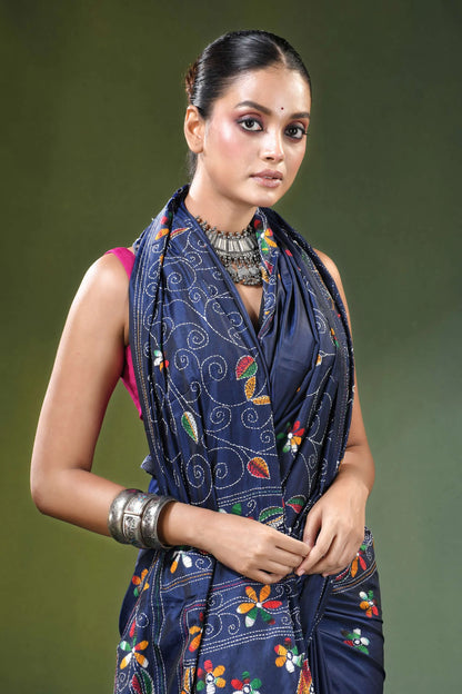 Nile blue multithread fish motif handcrafted kantha silk saree navy intricate embroidered 6