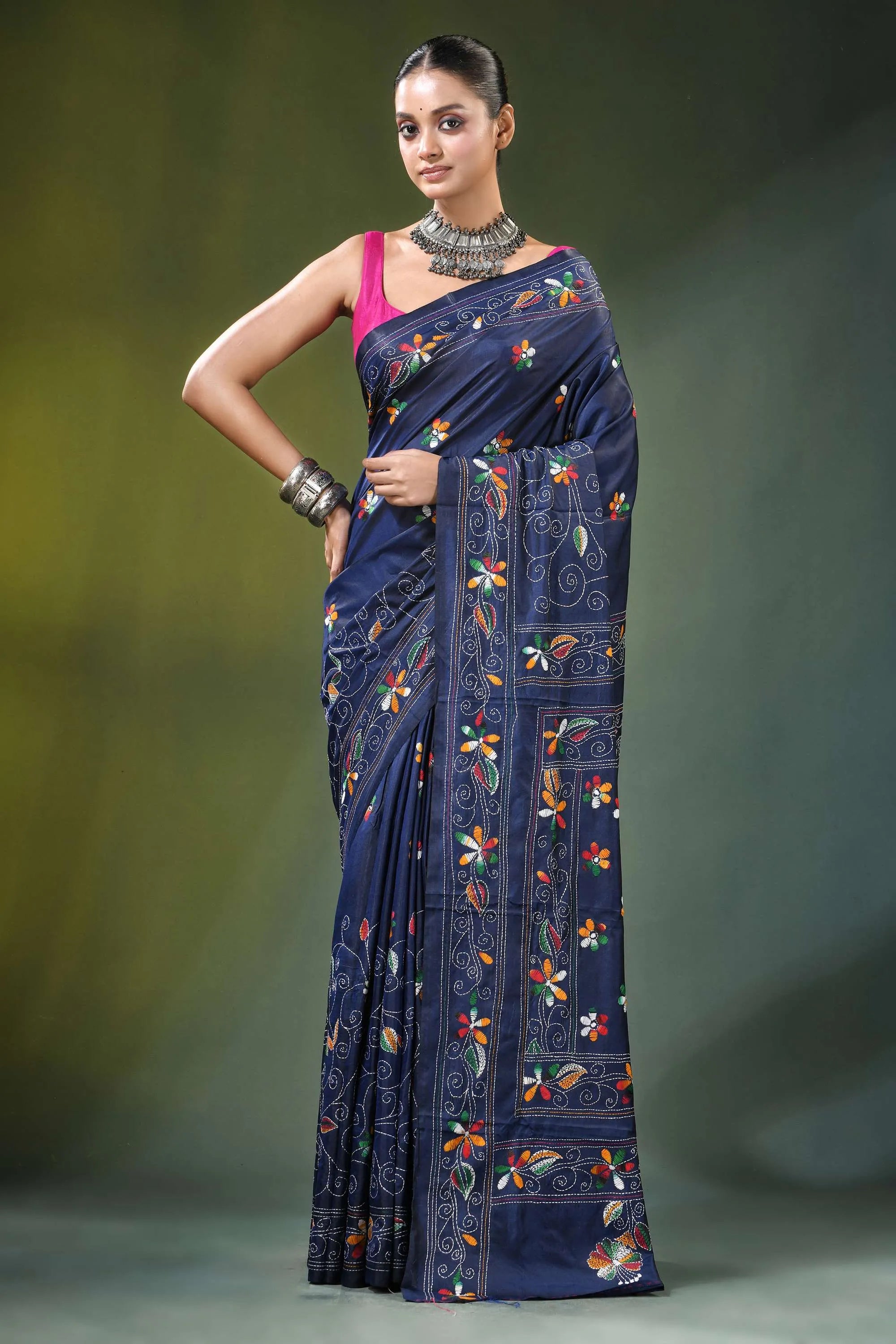 Nile blue multithread fish motif handcrafted kantha silk saree navy intricate floral 1