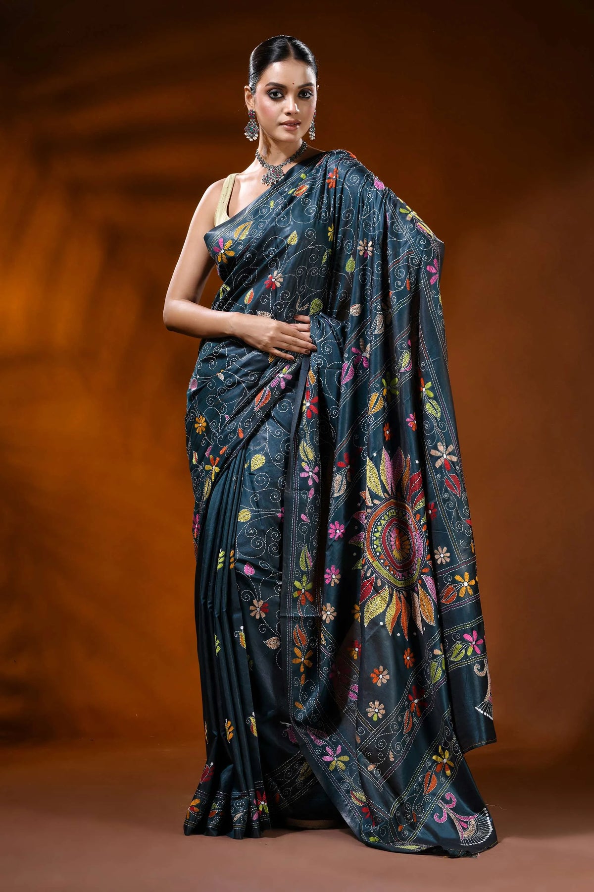 Nile blue silk kantha stitch saree with handcrafted floral mandala 6