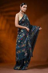 Nile blue silk kantha stitch saree with handcrafted floral mandala 4