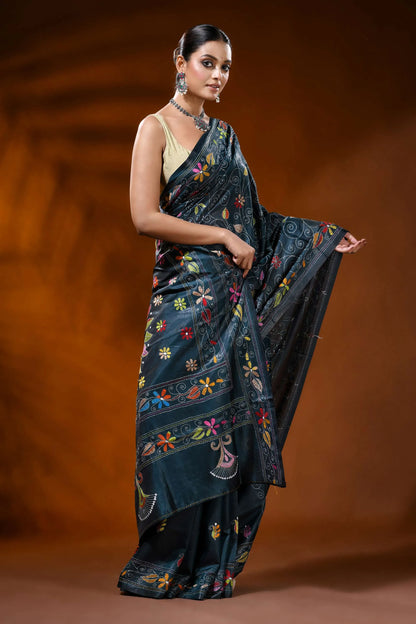 Nile blue silk kantha stitch saree with handcrafted floral mandala 4