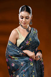 Nile blue silk kantha stitch saree with handcrafted floral mandala 2