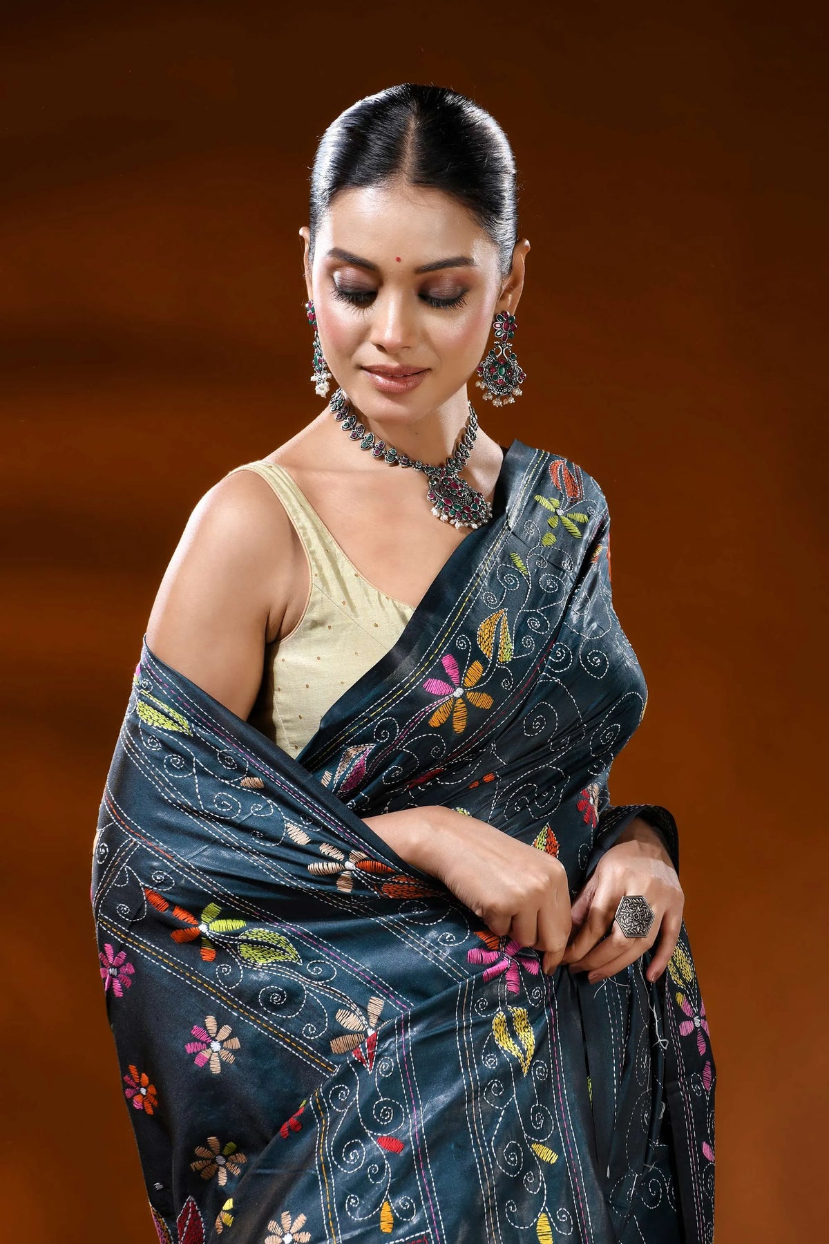 Nile blue silk kantha stitch saree with handcrafted floral mandala 2