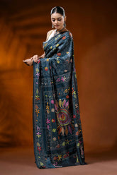 Nile blue silk kantha stitch saree with handcrafted floral mandala 3