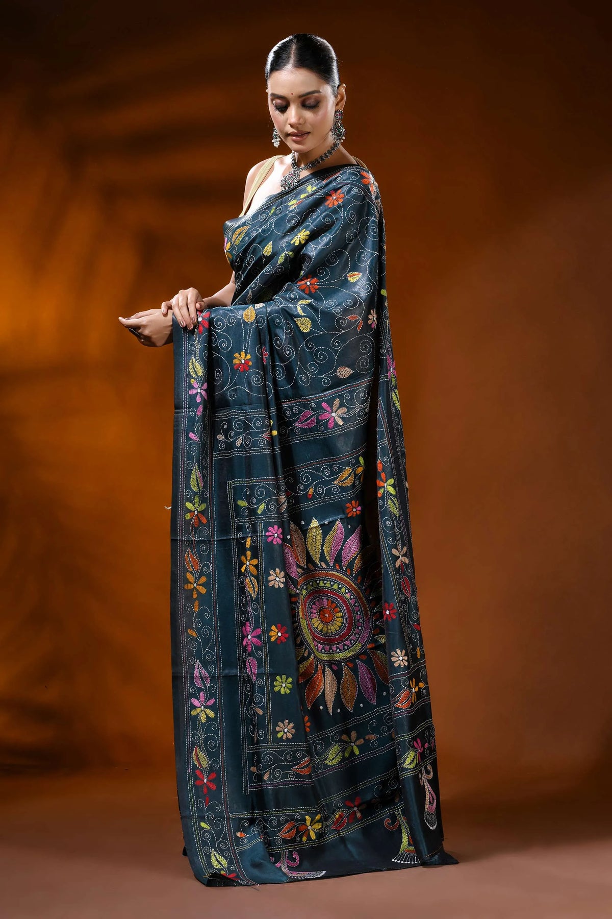 Nile blue silk kantha stitch saree with handcrafted floral mandala 3