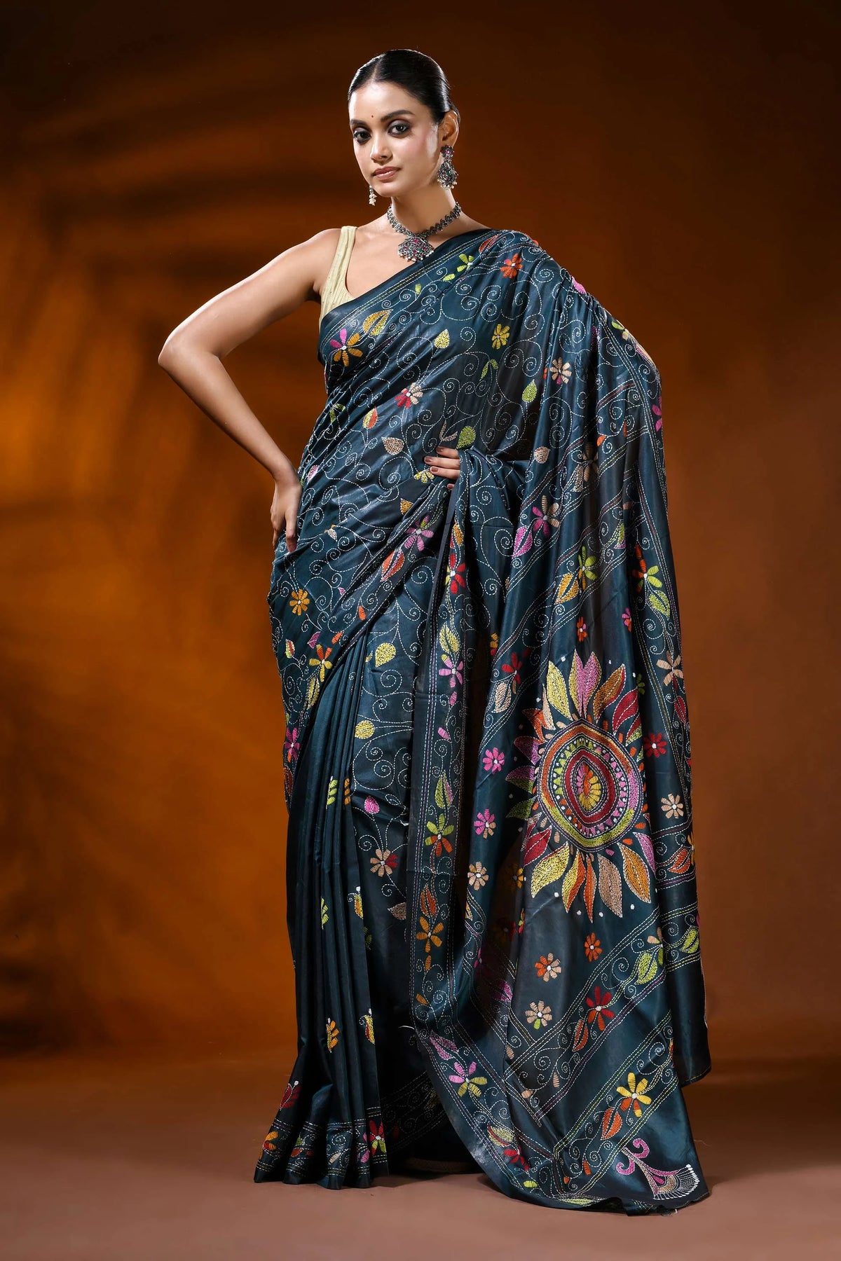 Nile blue silk kantha stitch saree with handcrafted floral mandala 1