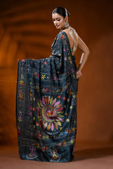 Nile blue silk kantha stitch saree with handcrafted floral mandala 5
