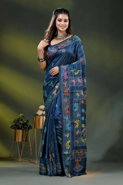 Nile blue silk kantha stitch saree with multicolor floral bird motif 1