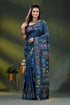 Nile blue silk kantha stitch saree with multicolor floral bird motif 1