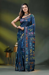 Nile blue silk kantha stitch saree with multicolor floral bird motif 6