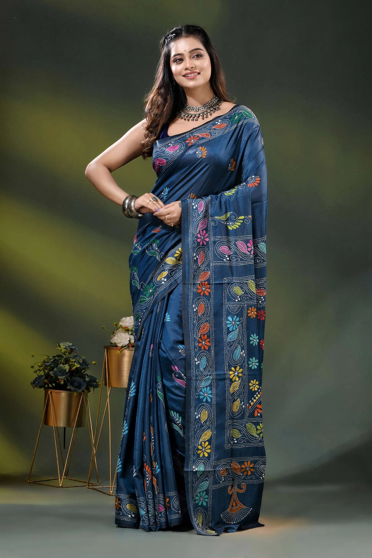 Nile blue silk kantha stitch saree with multicolor floral bird motif 6