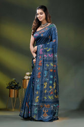 Nile blue silk kantha stitch saree with multicolor floral bird motif 3