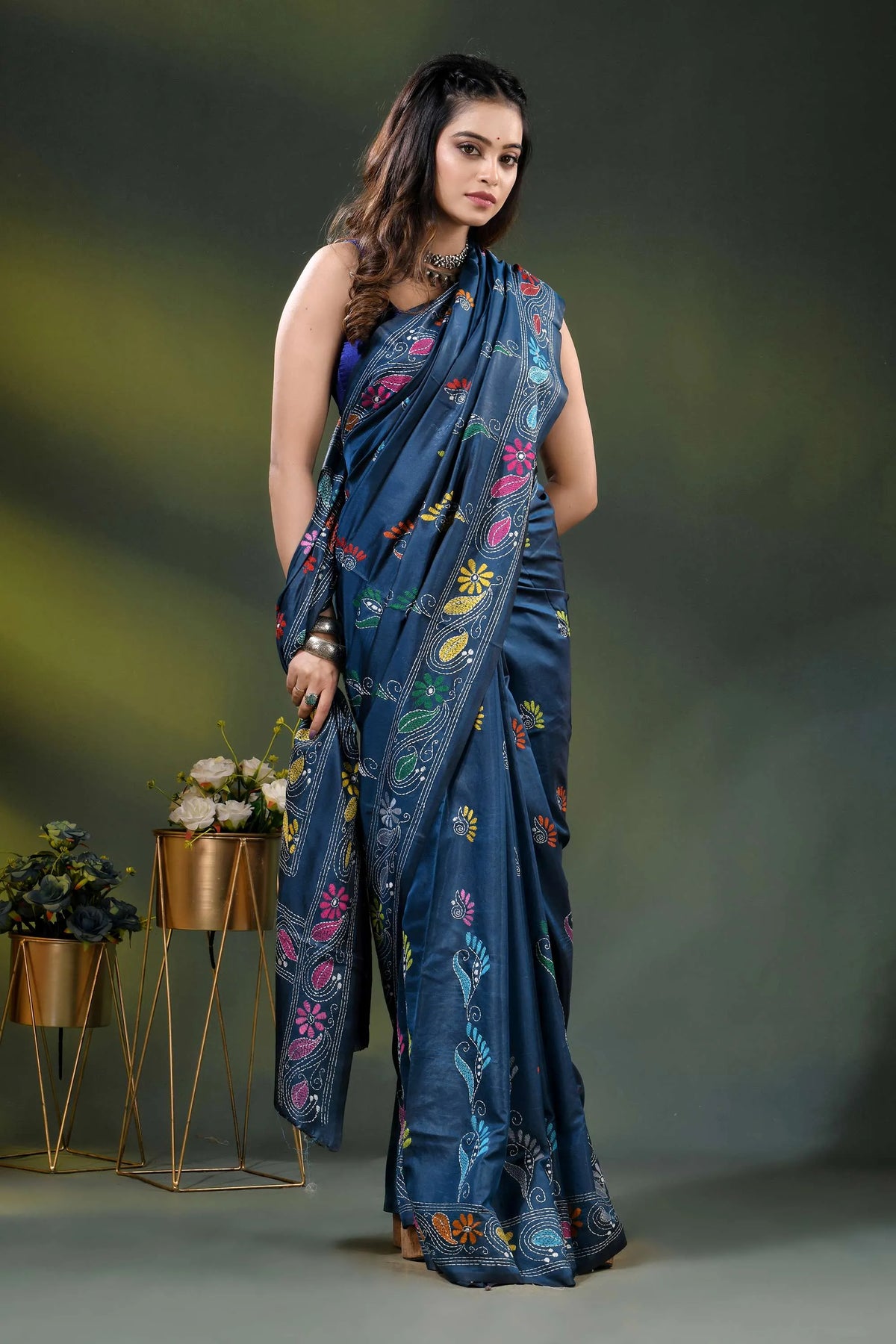 Nile blue silk kantha stitch saree with multicolor floral bird motif 5