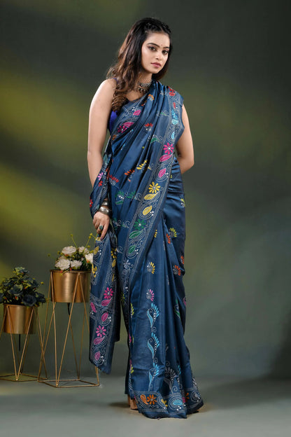 Nile blue silk kantha stitch saree with multicolor floral bird motif 5