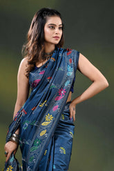 Nile blue silk kantha stitch saree with multicolor floral bird motif 2