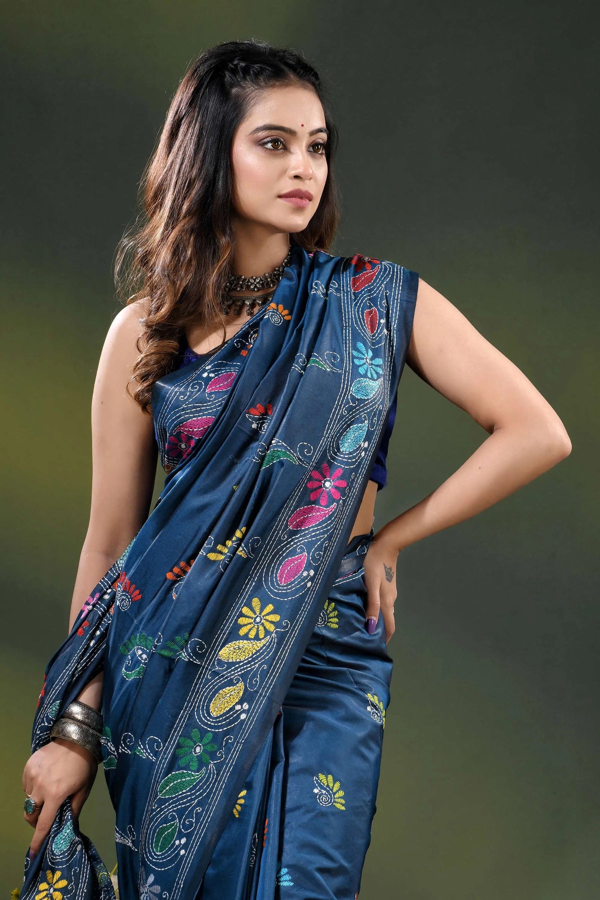Nile blue silk kantha stitch saree with multicolor floral bird motif 2