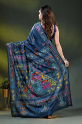 Nile blue silk kantha stitch saree with multicolor floral bird motif 4