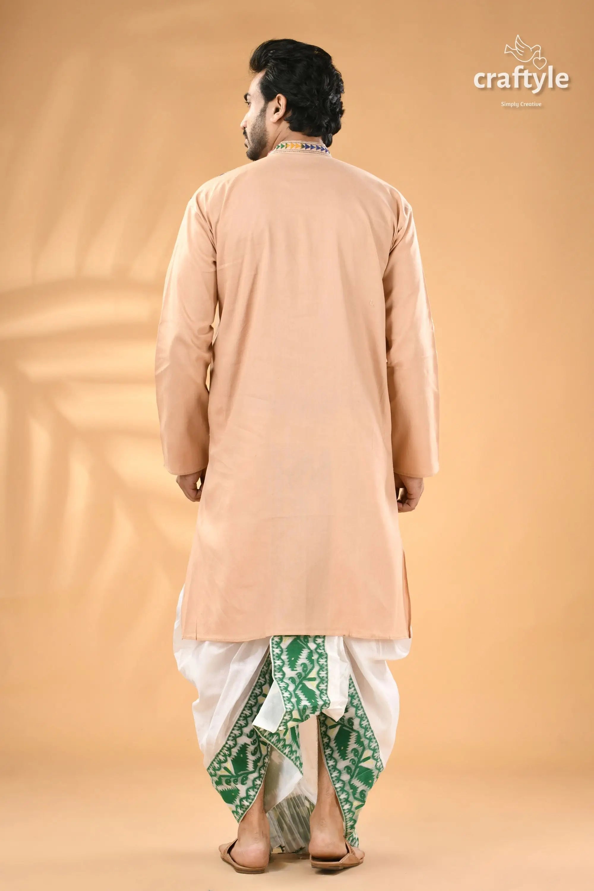 Noble beige kantha work cotton punjabi for men reverse stitch man peach colored kurta white green 6