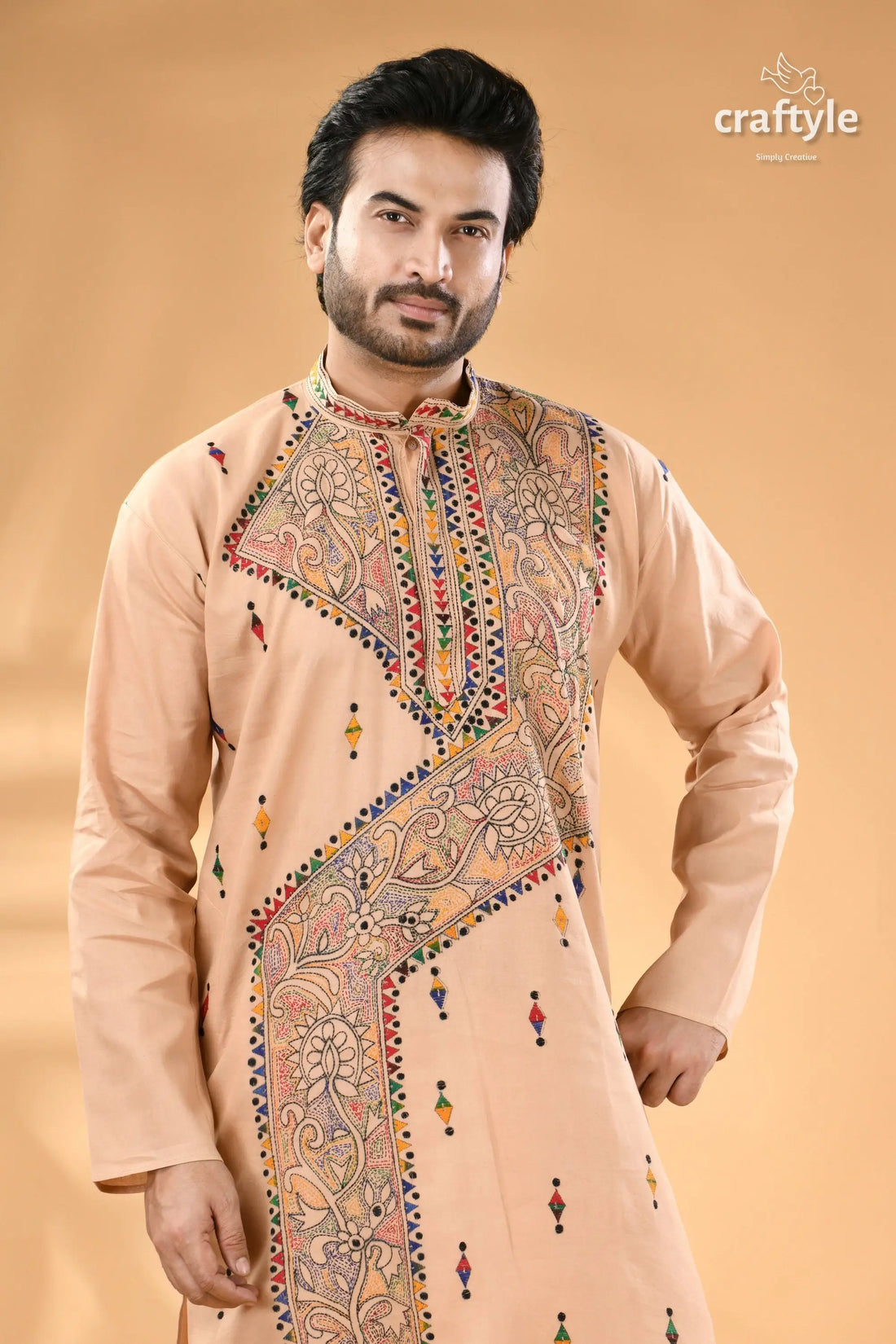 Noble beige kantha work cotton punjabi for men reverse stitch men’s embroidered beige cotton kurta 2