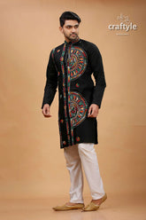 Obsidian black multcolor kantha hand embroidery gents kurta embroidered black kurta white pants 3