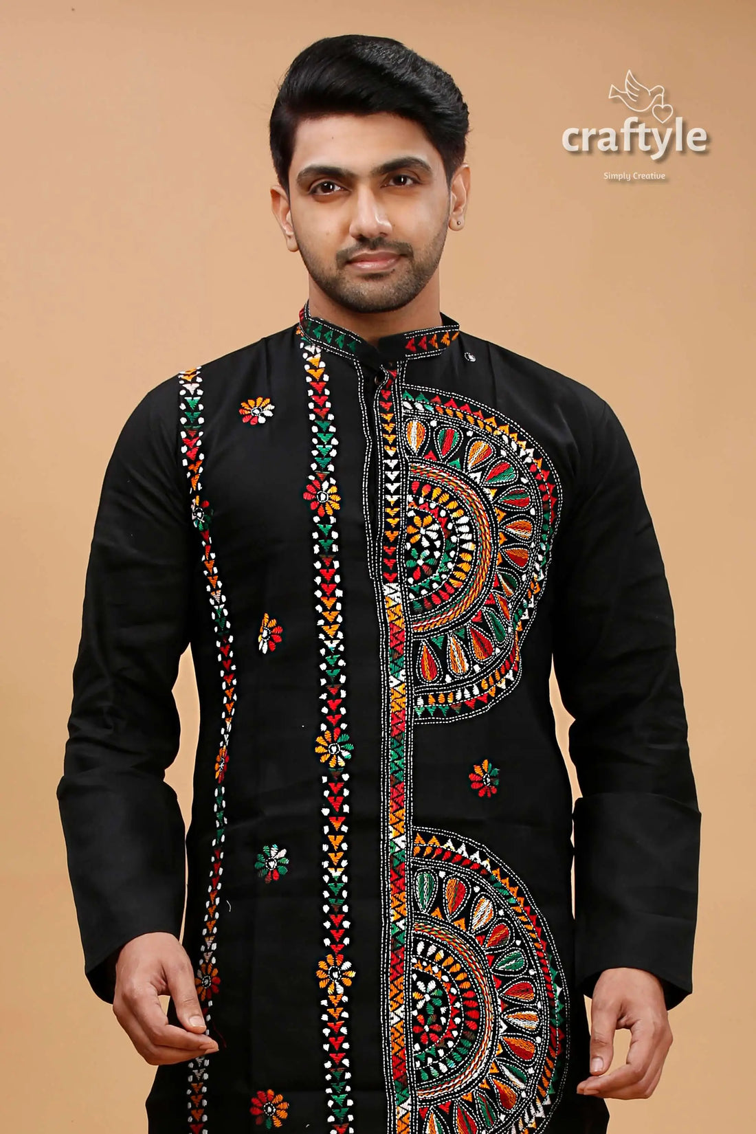 Obsidian black multcolor kantha hand embroidery gents kurta black embroidered kurta 2